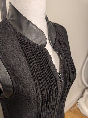 Luii Black Wool Blend Longline Vest Leather-Look Trim Zip Front | Sz S